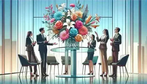 Grupo de cinco profesionales conversando alrededor de una mesa de vidrio con arreglo floral en una oficina moderna iluminada naturalmente.