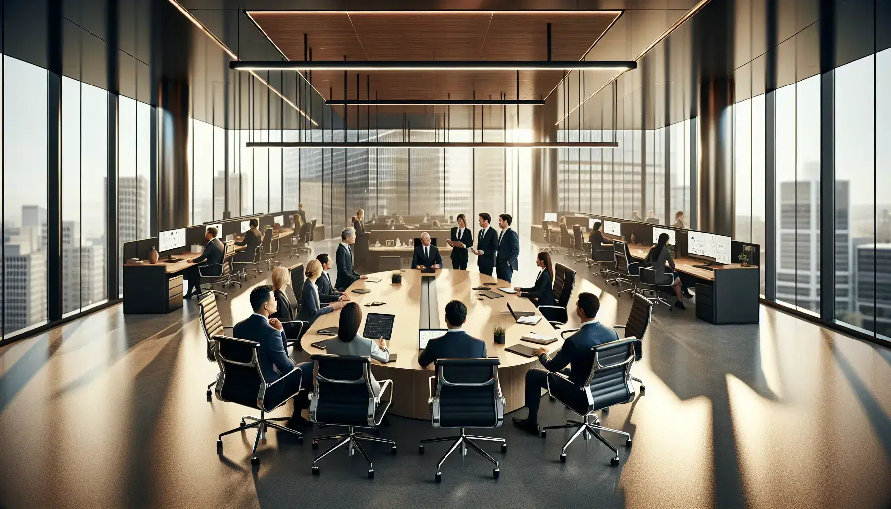 Diverse team collaborates around an oval conference table in a modern, well-lit office with cubicles and large windows, indicating a dynamic work environment.