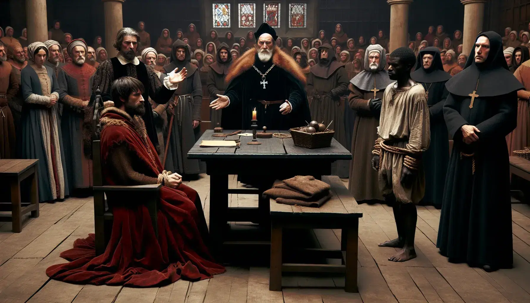 Medieval English courtroom reenactment with a judge in red robes, a bound man on trial, an advocate speaking, and a diverse crowd of onlookers.