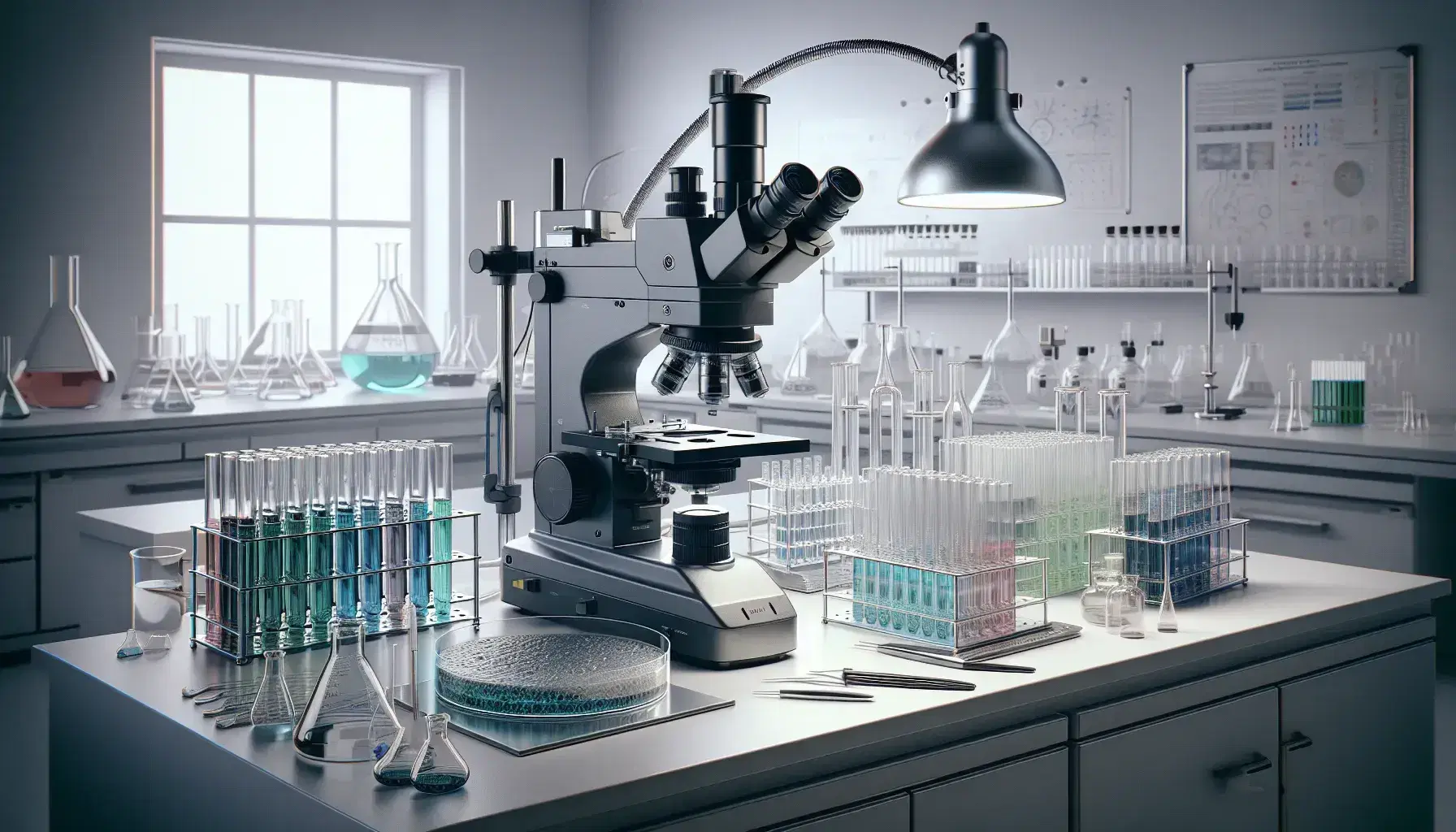 Microscopio elettronico su tavolo da laboratorio con provette colorate e piastra Petri, in ambiente professionale illuminato artificialmente.