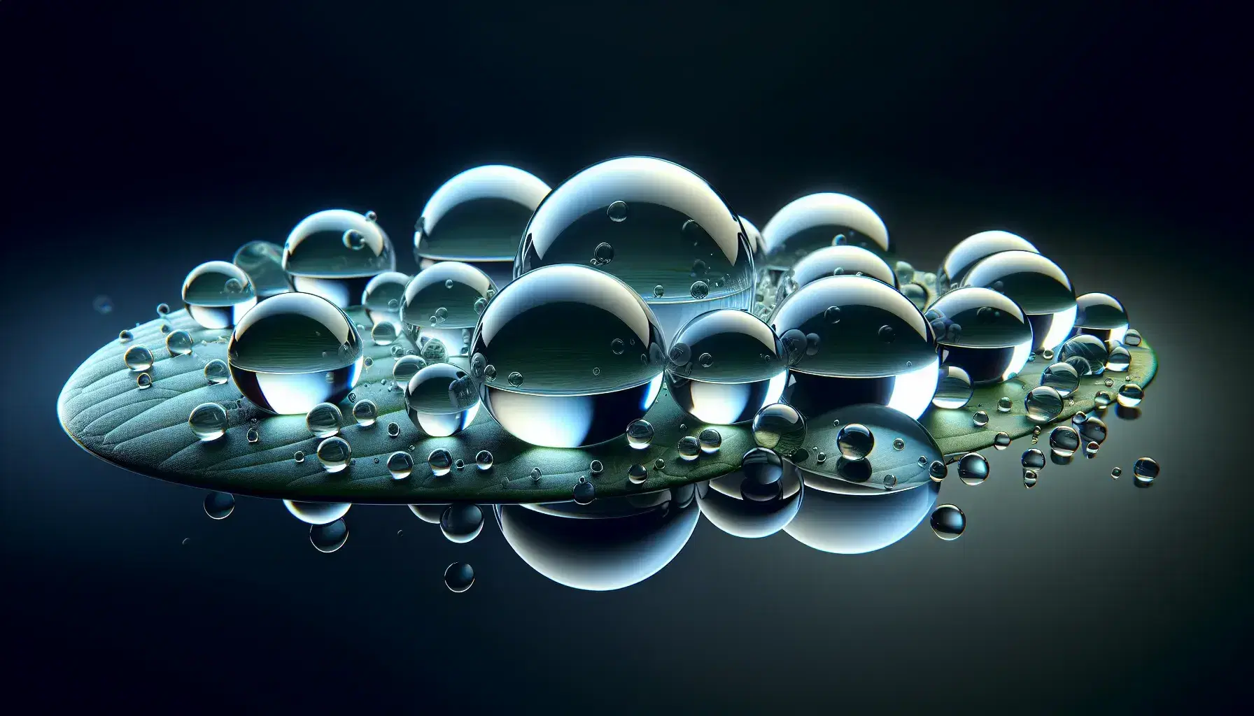 Gocce d'acqua di varie dimensioni su superficie liscia e riflettente con sfumature di luce dal bianco al blu, su sfondo verde scuro.