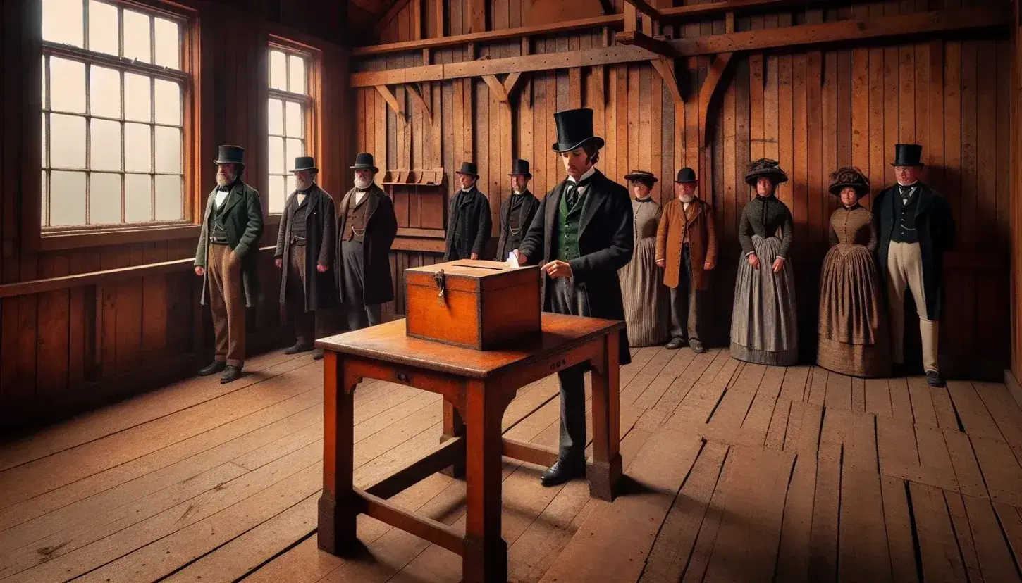 1860s wooden polling station with a man in period attire by a ballot box on a table, voters in line, and rustic interior details.