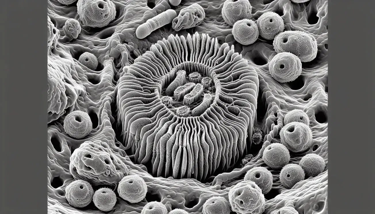 Micrografía electrónica de transmisión en blanco y negro mostrando el aparato de Golgi de una célula eucariota con cisternas apiladas y vesículas circundantes.