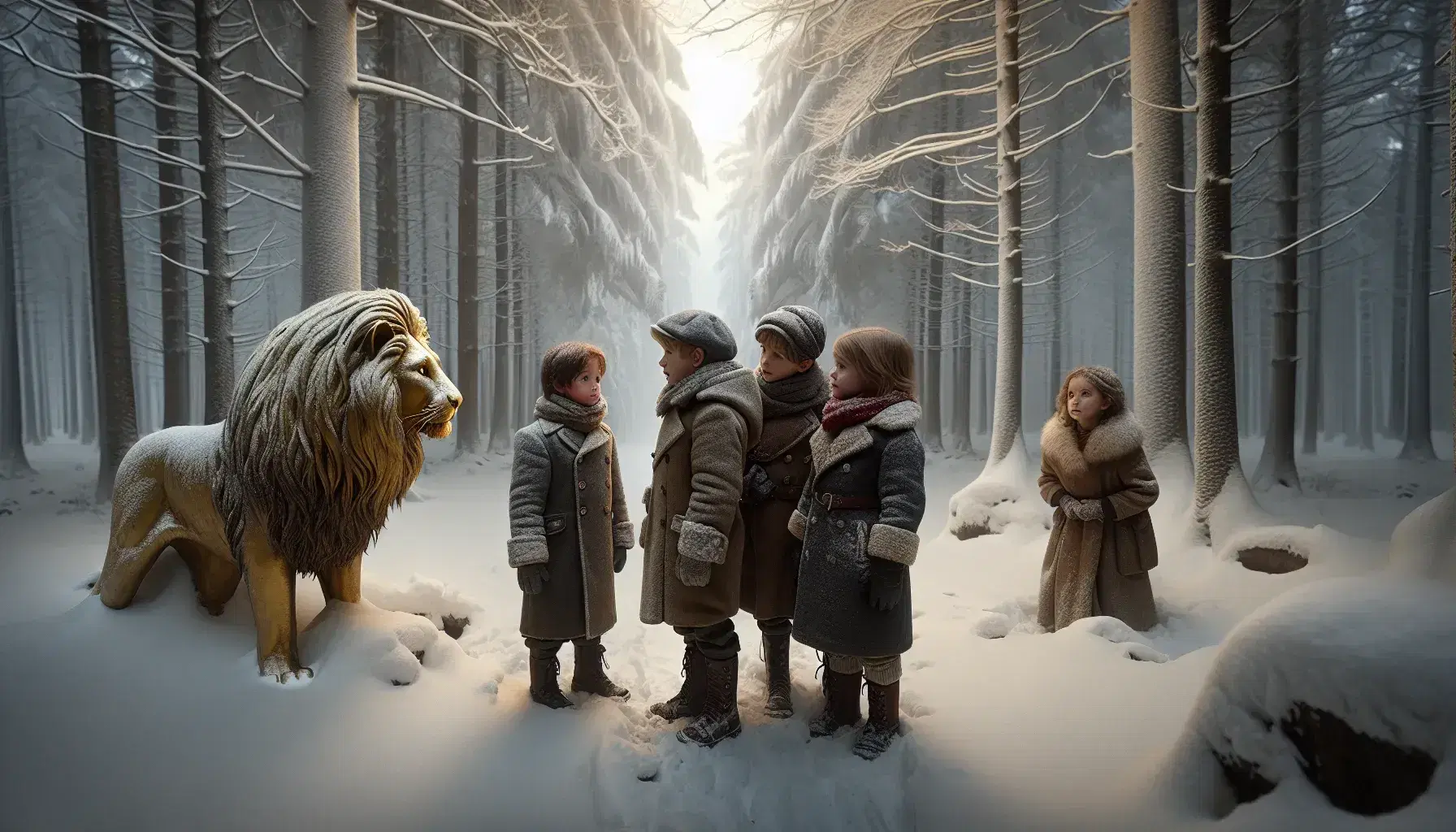Quattro bambini in abiti invernali d'epoca esplorano una foresta innevata, incantati da un leone dorato al centro della scena.