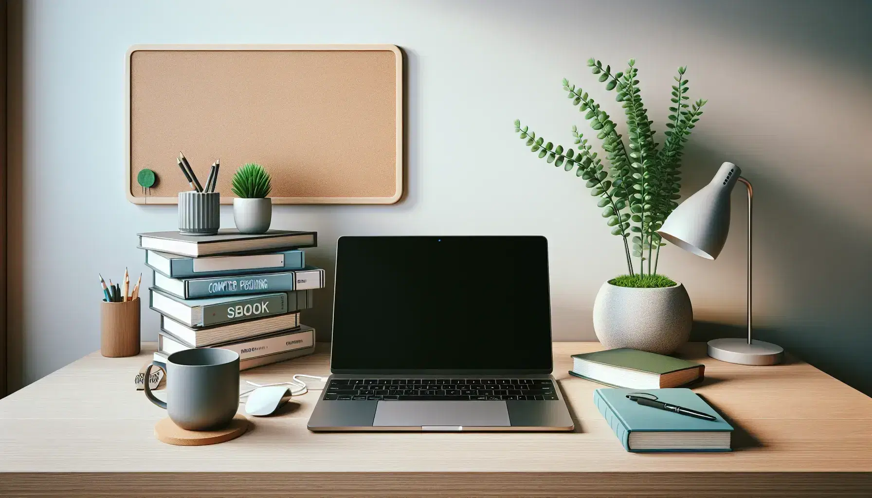 Modern programmer desk with turned off silver laptop, colorful books, coffee mug, green plant and clean white board.