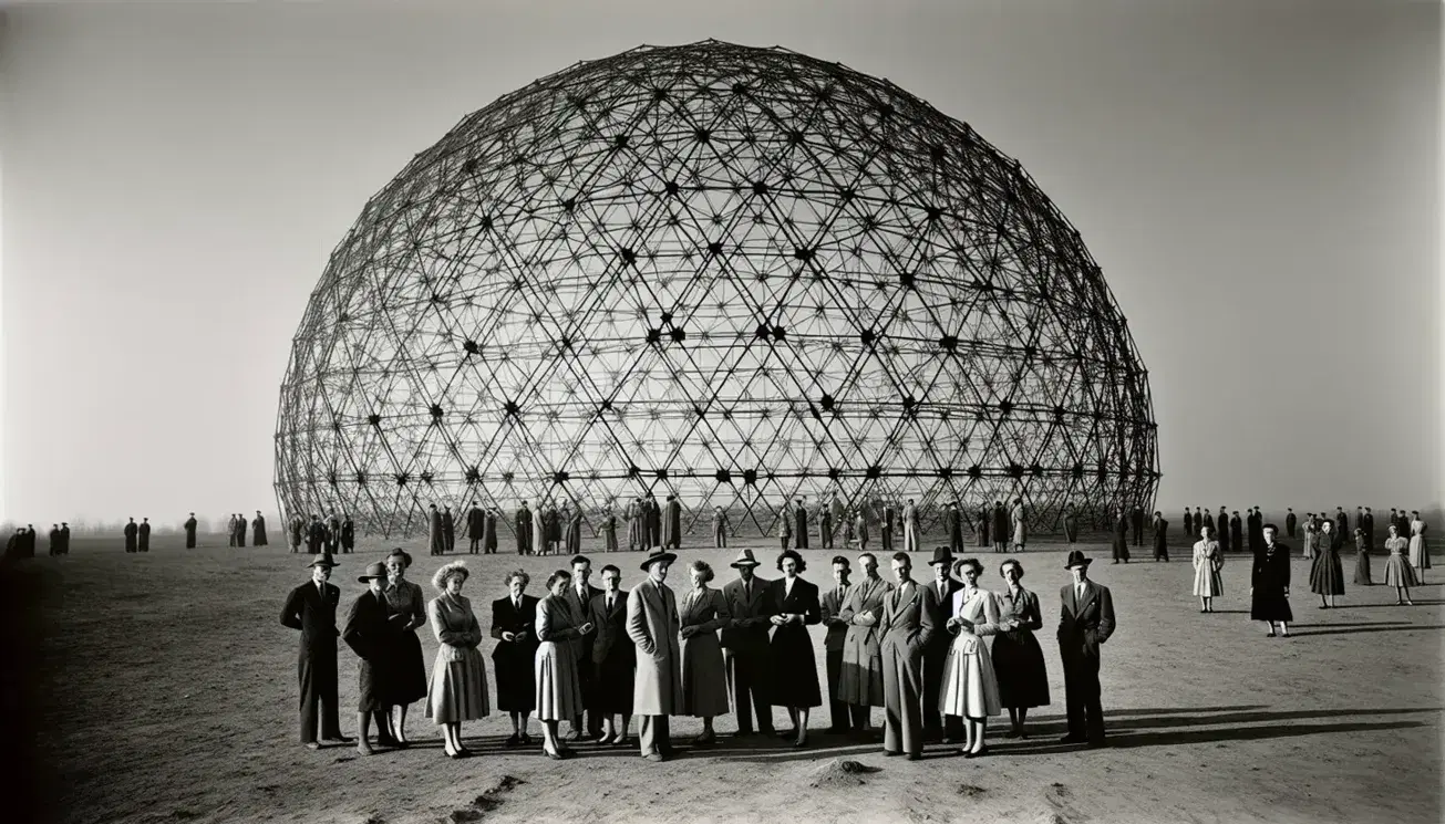 Grupo de personas de los años 40 frente a una cúpula geodésica metálica en un día soleado, reflejando la arquitectura y moda de la época.