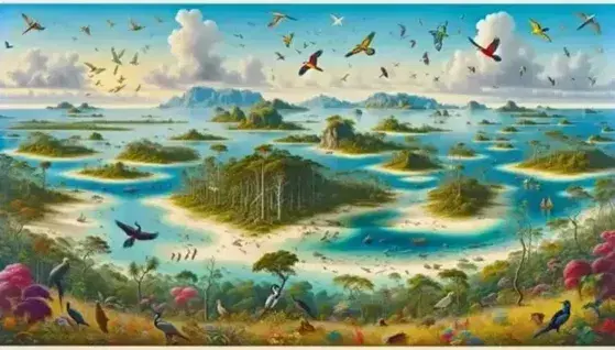 Arcipelago con isole verdi, uccelli variopinti, spiaggia sabbiosa e mare cristallino che riflette la luce solare.