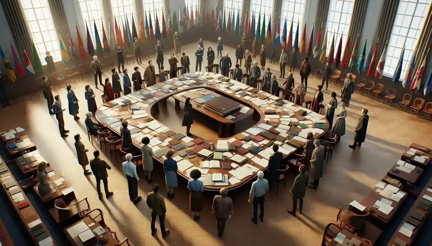 Grupo diverso de personas en reunión alrededor de una mesa ovalada con documentos y libros, en una sala iluminada con ventanas y banderas sin insignias.