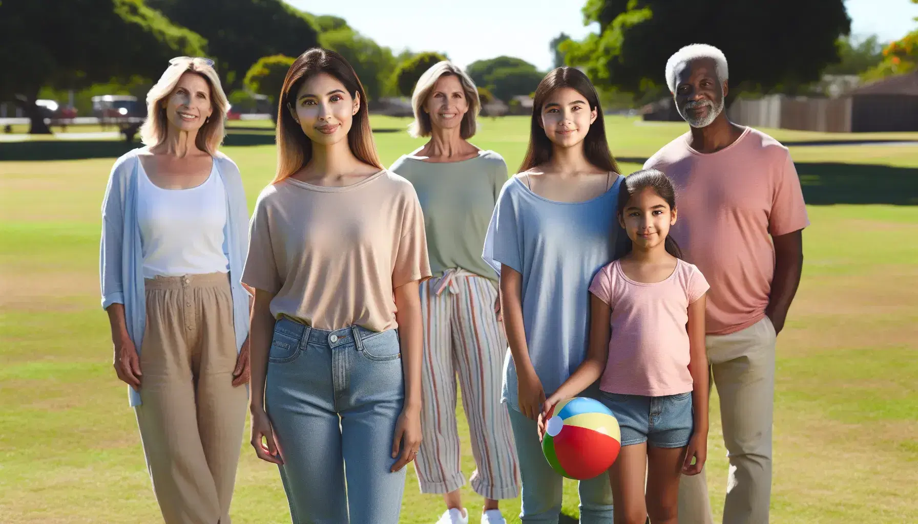 Multigenerational family outdoors in a green park, young Asian woman in foreground, little girl with colorful ball, mature woman and elderly man smiling.