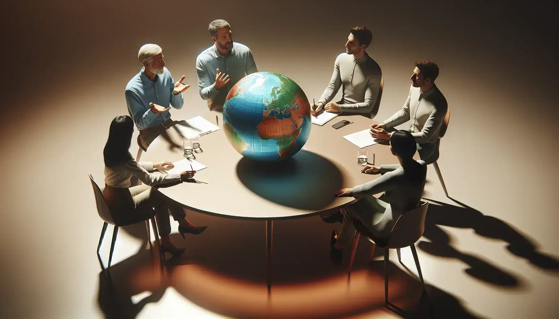 Grupo de cinco personas en reunión alrededor de una mesa redonda con un globo terráqueo en el centro, discutiendo activamente con papeles y bolígrafos en mano, vestidos con atuendo profesional casual.