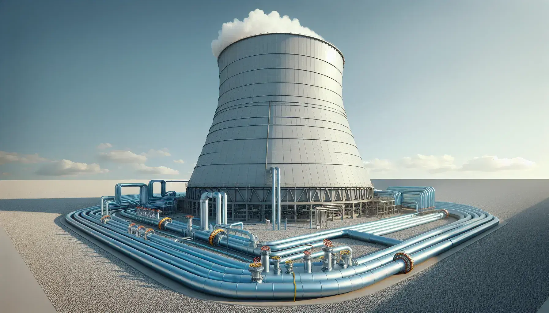 Torre de enfriamiento industrial cónica con vapor de agua en la cima y tuberías azules con válvulas rojas y amarillas en un terreno de grava.