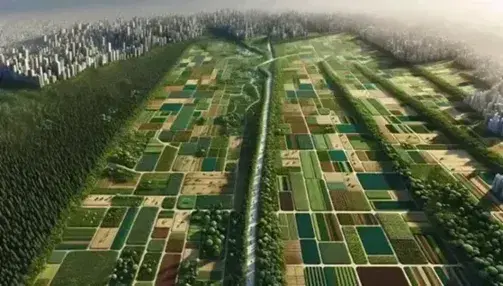 Aerial view of a varied landscape with forest, geometric agricultural fields and city with gray buildings, flanked by a blue river.