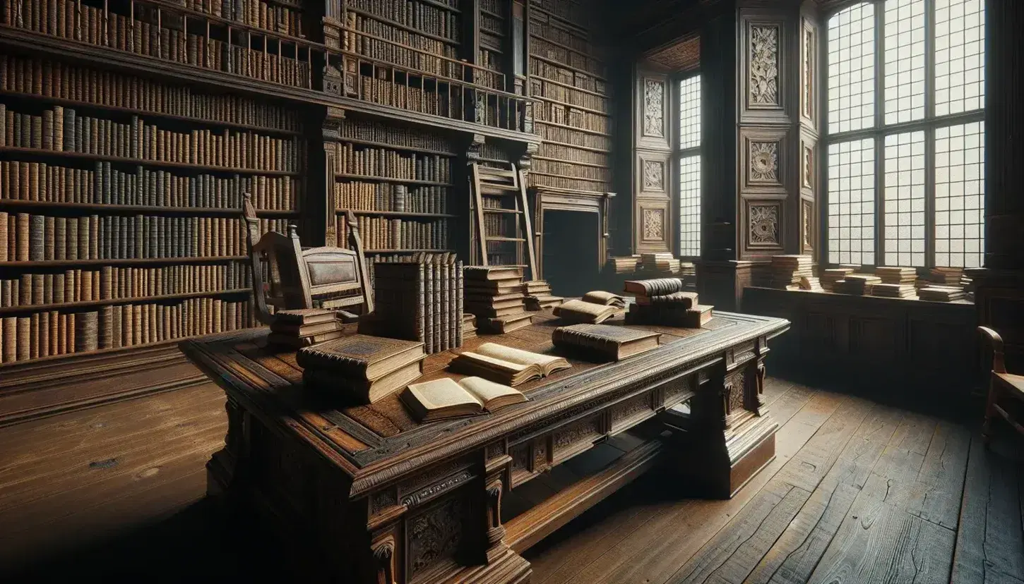 Biblioteca antigua con mesa de madera oscura y libros de cuero apilados, estantería repleta y escalera, junto a ventana que ilumina suavemente la escena.
