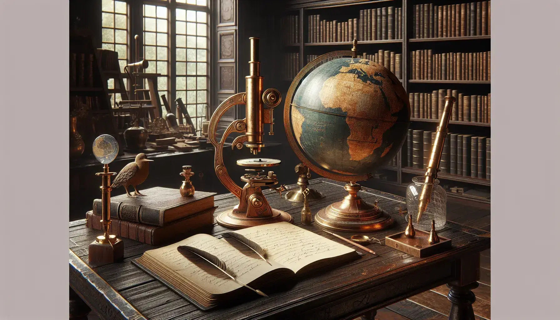 Estudio antiguo con mesa de madera oscura, globo terráqueo desgastado, microscopio y telescopio de bronce, cuaderno con pluma y tintero, iluminado por ventana, rodeado de estanterías con libros encuadernados en cuero.