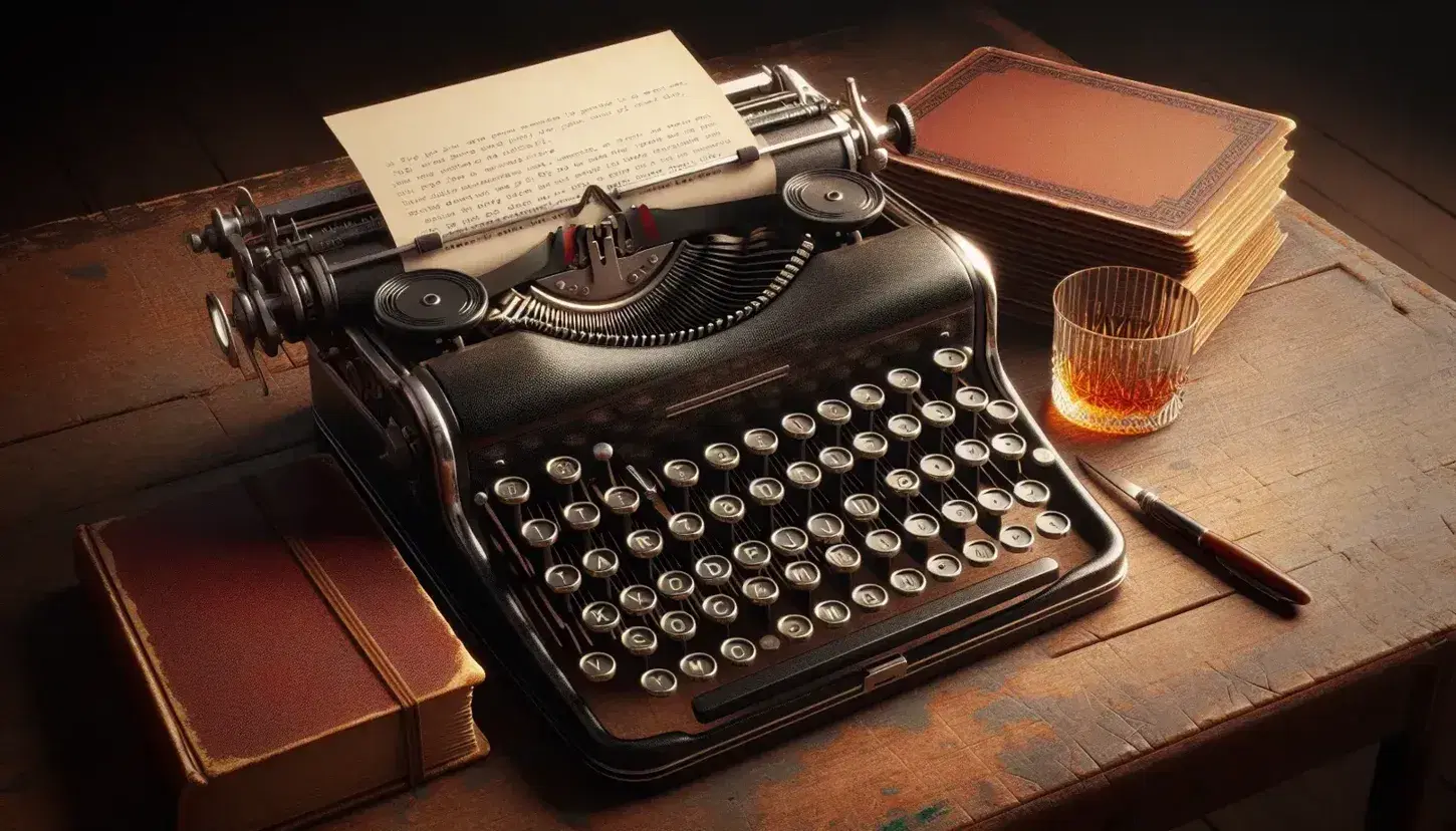 Vintage typewriter with round keys on a wooden desk, next to a worn leather-bound book and half-filled glass of whiskey, with a soft-lit, bookshelf background.