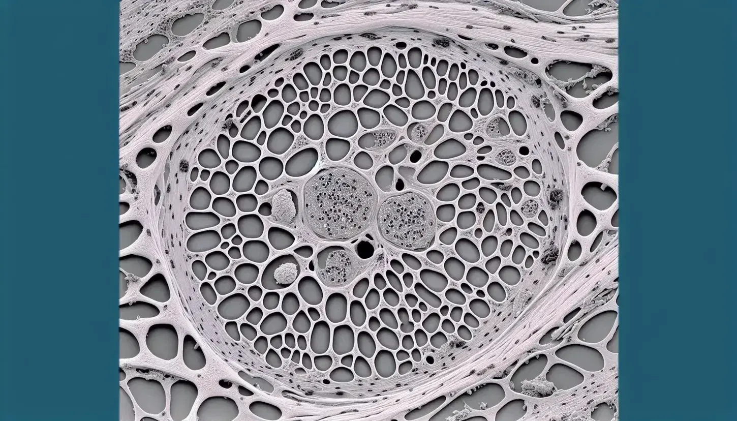 Micrografía electrónica de tejido conectivo mostrando matriz extracelular gris con fibras entrelazadas y células con núcleos oscuros, rodeadas de sustancia fundamental.