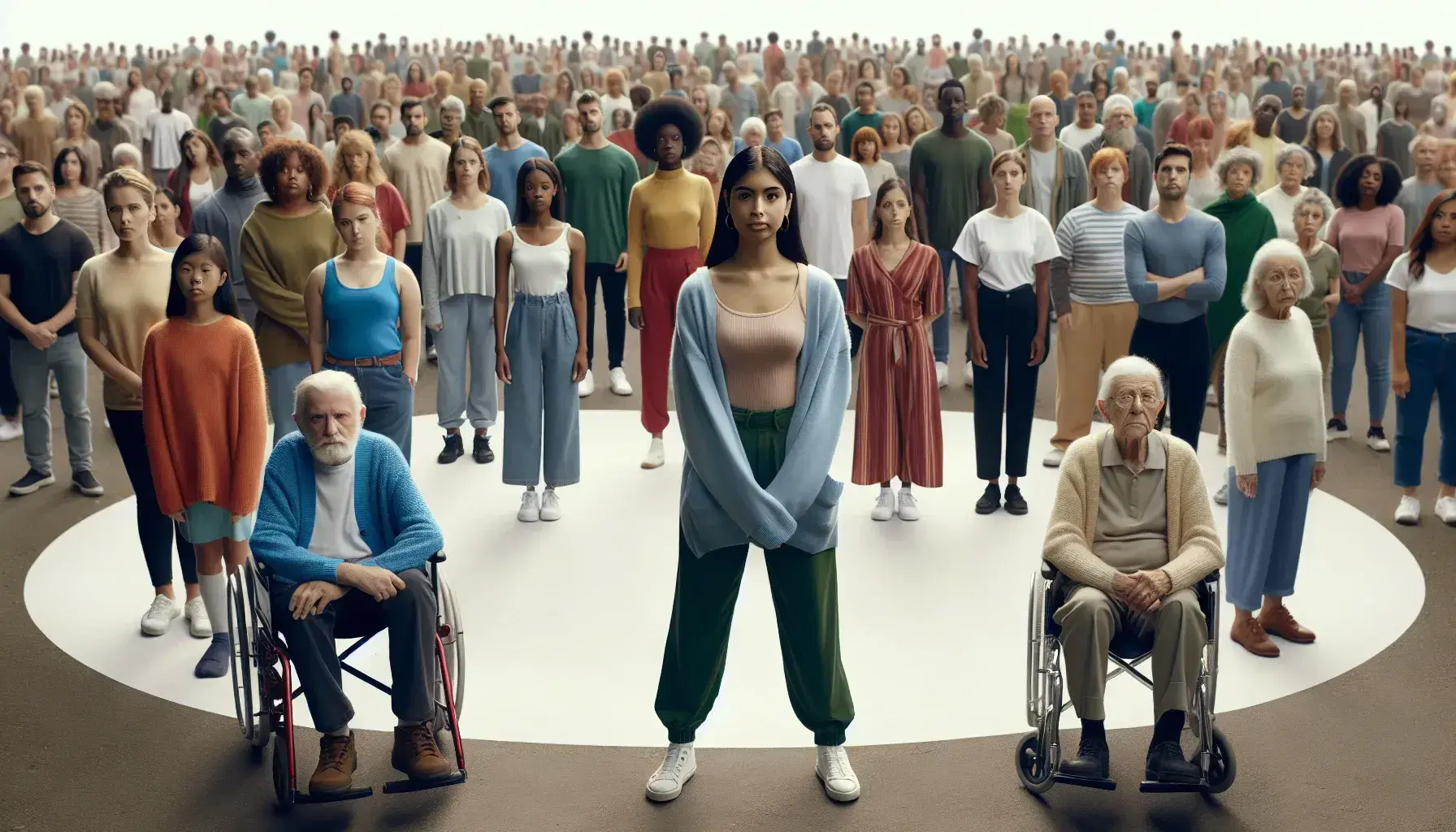 Grupo diverso de personas de diferentes edades y etnias en un parque, mostrando unidad y diversidad, con una mujer joven y un hombre mayor en primer plano.