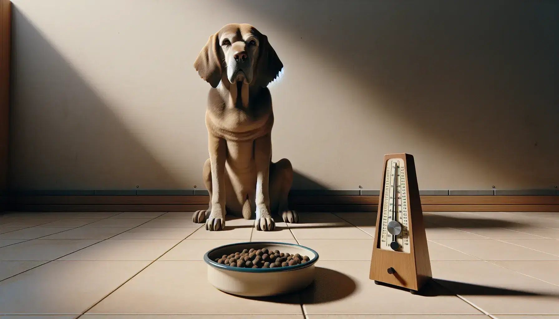 Perro mediano de pelaje marrón claro sentado en suelo de baldosas beige con un tazón de comida y un metrónomo de madera a su lado.