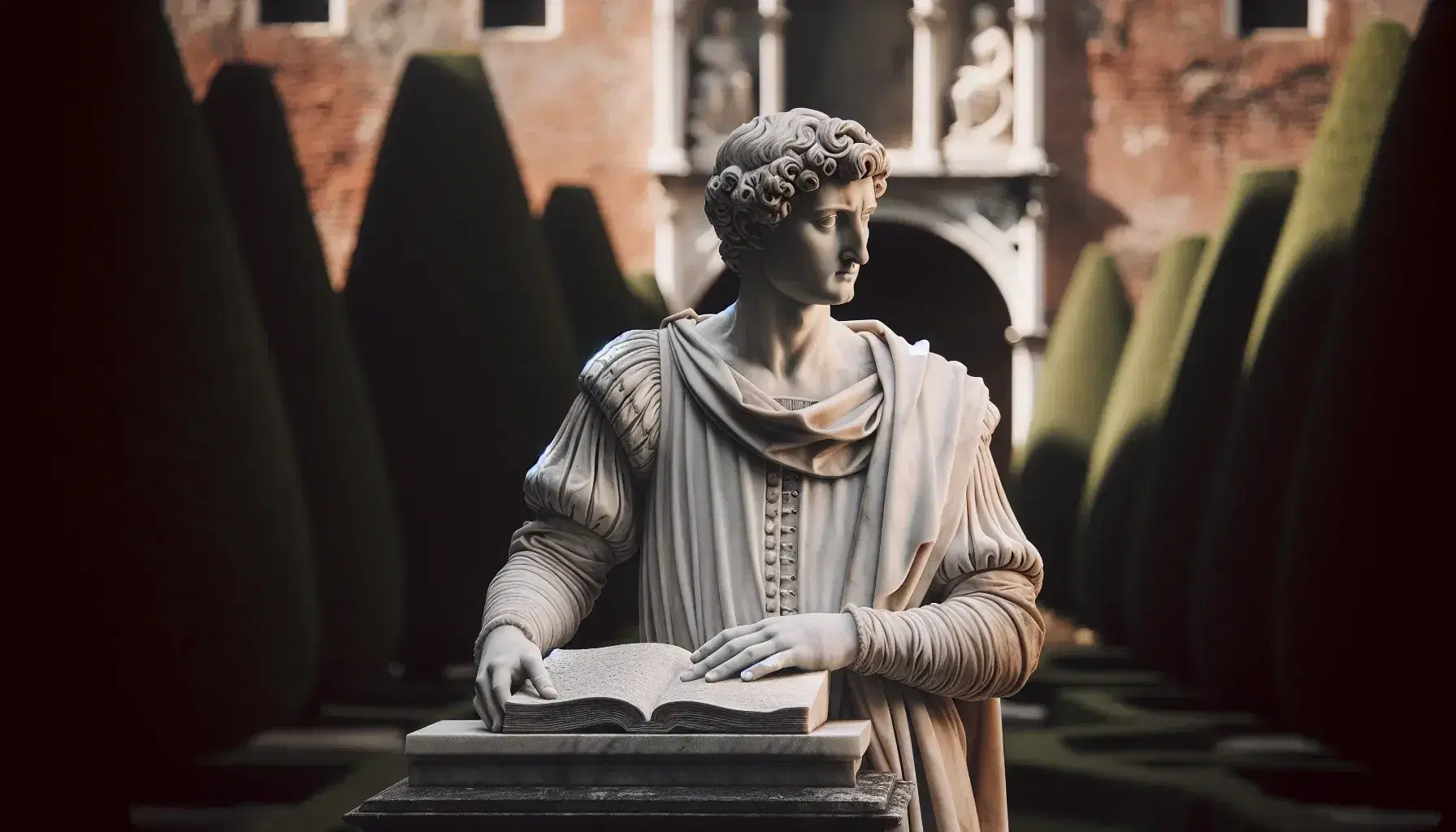 Statua in marmo bianco di figura storica con tunica, barba corta e capelli ricci, mano su libro aperto, in giardino rinascimentale con edificio in mattoni rossi.