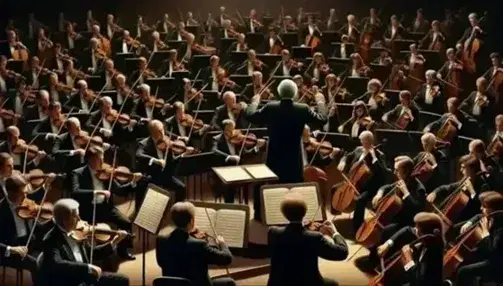 Orchestra sinfonica in esecuzione con direttore al centro, violinisti in primo piano e sezione ottoni e legni ai lati, sotto una luce soffusa.
