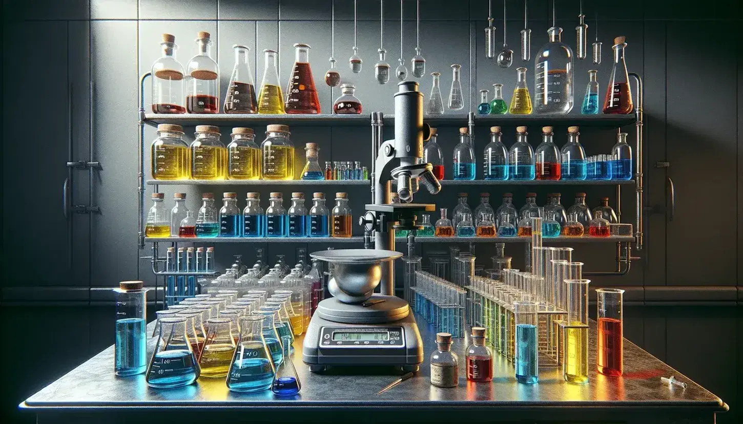 Laboratorio scientifico con becher di vetro contenenti liquidi colorati, bilancia analitica digitale, vetreria su scaffali e microscopio.
