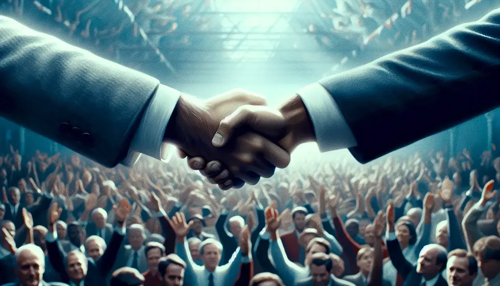 Stretta di mano tra due uomini in abiti formali su sfondo sfocato di persone, simbolo di accordo o celebrazione in ambiente luminoso.