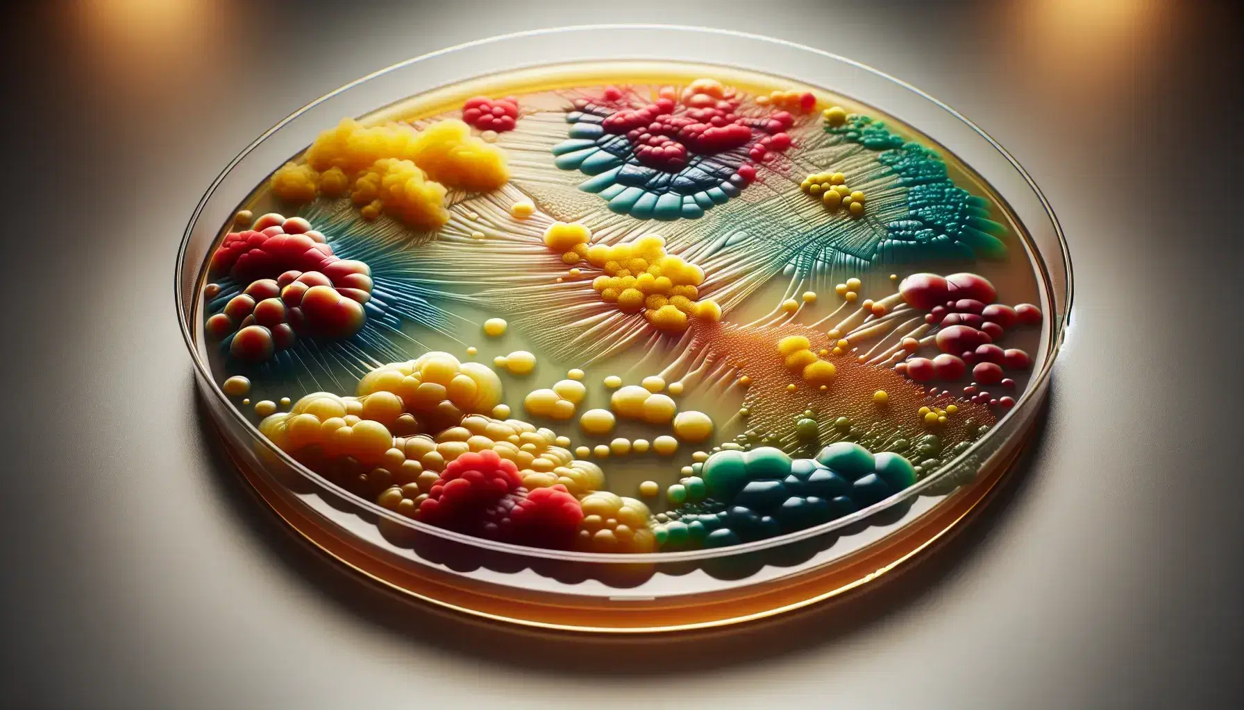 Vibrant bacterial colony growth on an agar plate with yellow, red, green, and blue hues, showcasing diverse textures and shapes in a lab setting.