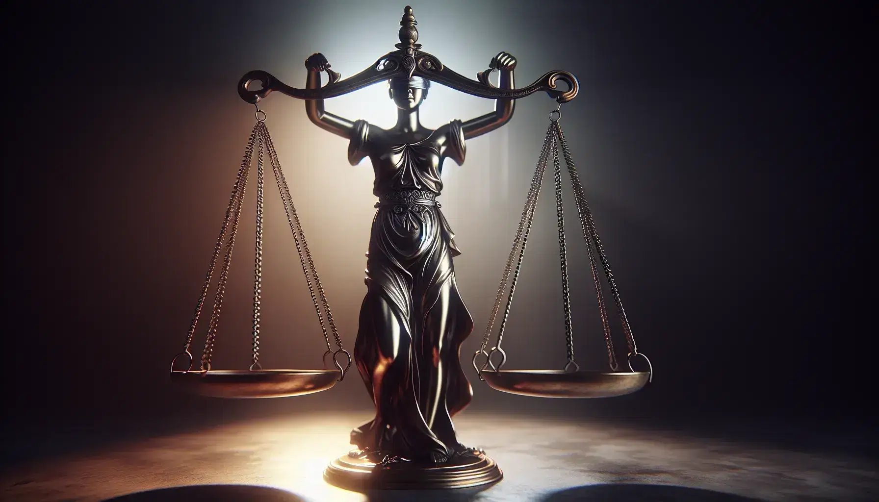 Balanza de justicia clásica equilibrada con platos y figura de mujer con los ojos vendados simbolizando imparcialidad, sobre fondo oscuro.