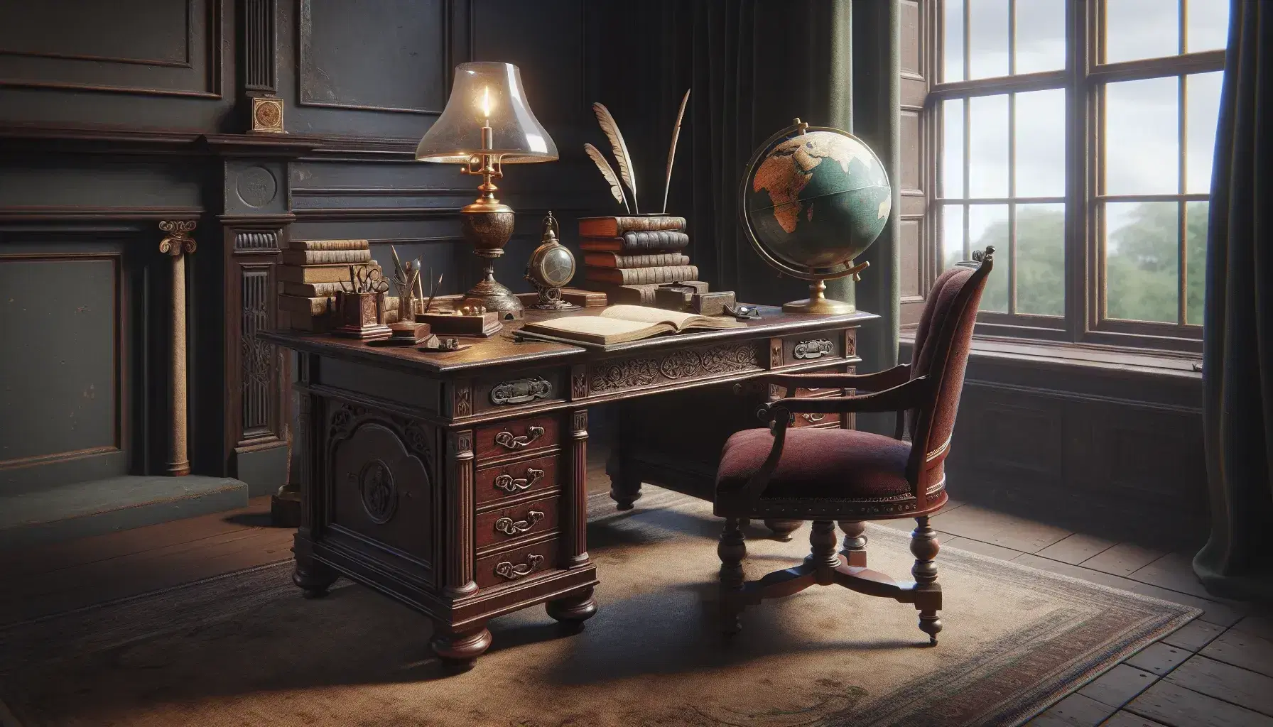 19th century European study with mahogany desk, brass oil lamp, open book, inkwell and globe, upholstered armchair and full bookcase.