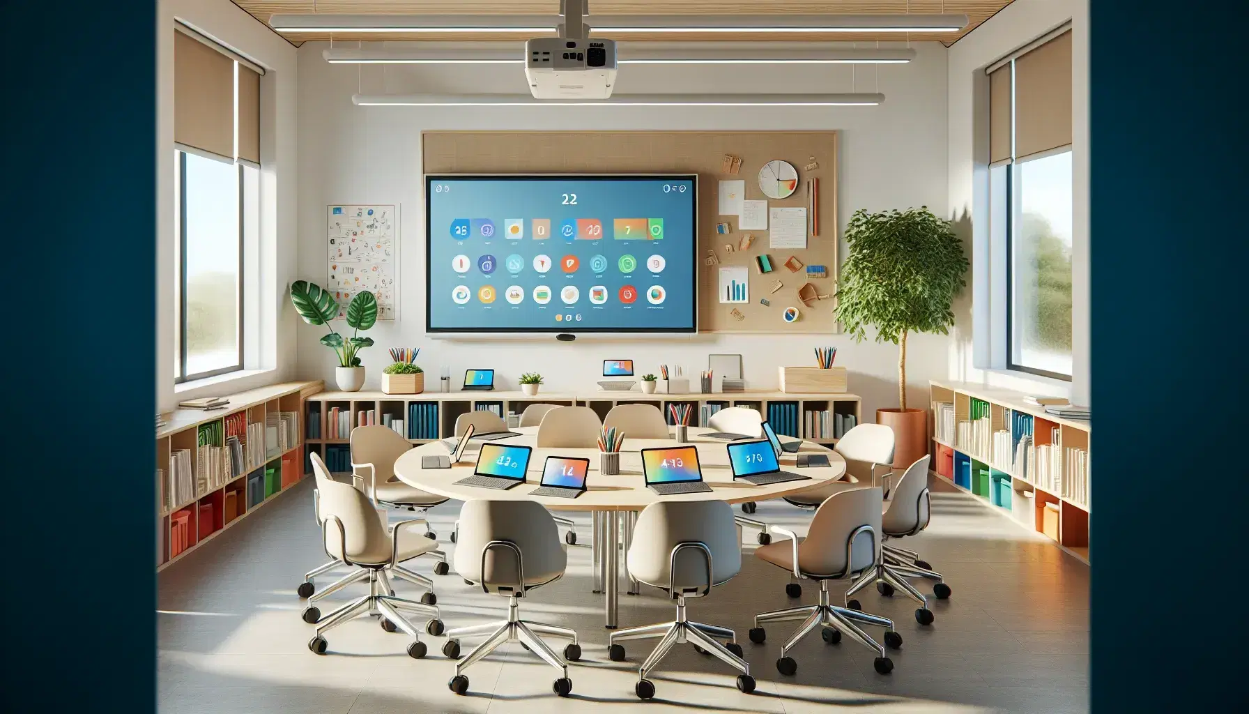 Aula moderna y luminosa con mesa redonda, sillas ergonómicas de colores, dispositivos electrónicos, pizarra blanca y planta verde.