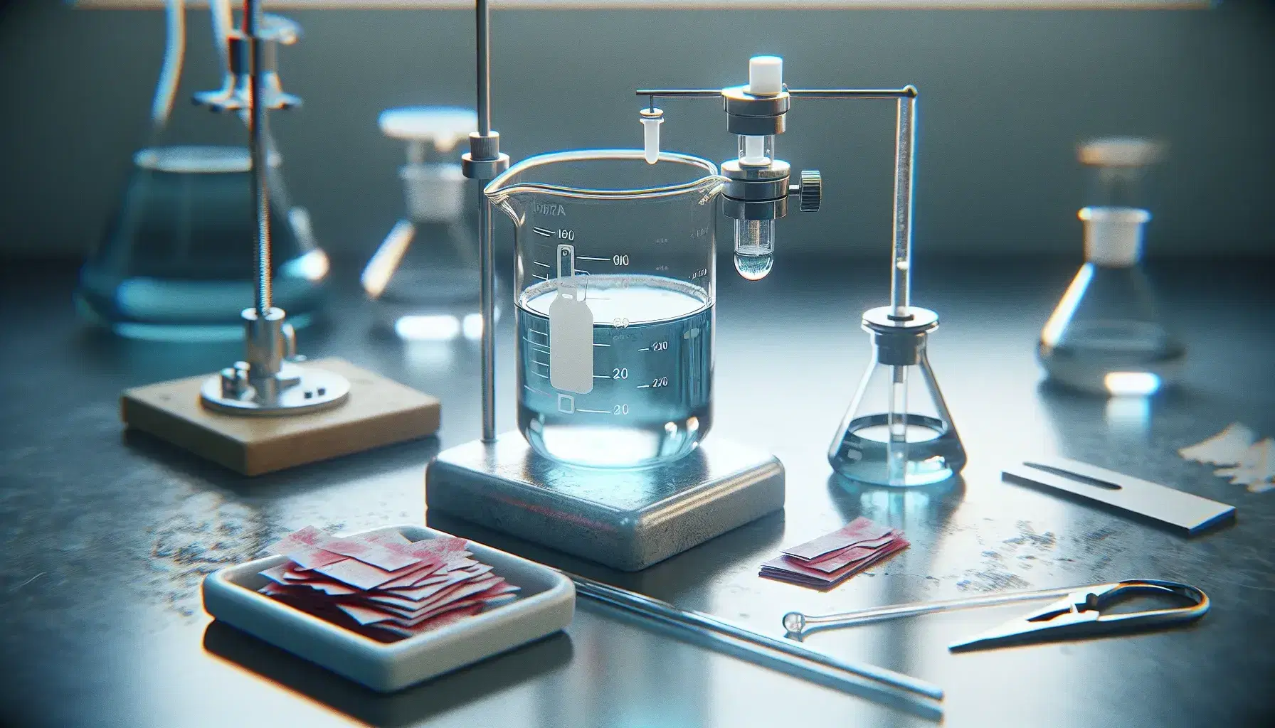 Laboratory with glass beaker and slightly blue transparent liquid, burette with closed tap and red litmus paper, glass rod and blurry glassware in the background.