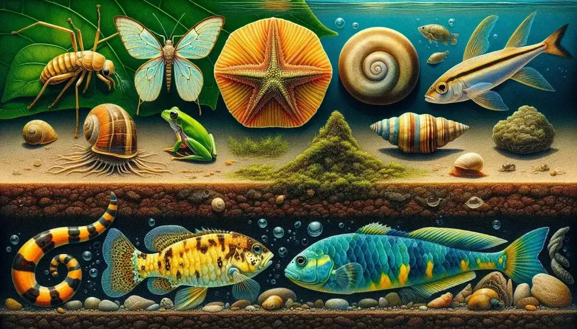 Variedad de fauna con insecto alado, caracol en suelo húmedo, estrella de mar naranja, pez colorido y rana verde en rama, en hábitat natural.