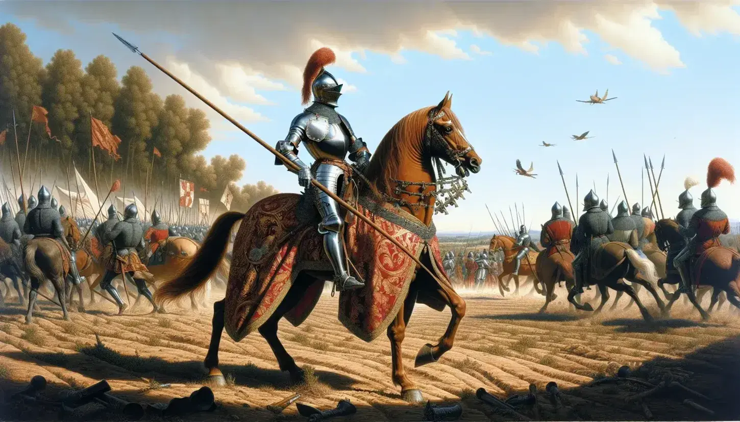 Cavaliere in armatura scintillante su cavallo castano con coperta rossa impugna lancia su campo di battaglia del XVI secolo, con cielo azzurro e alberi verdi.