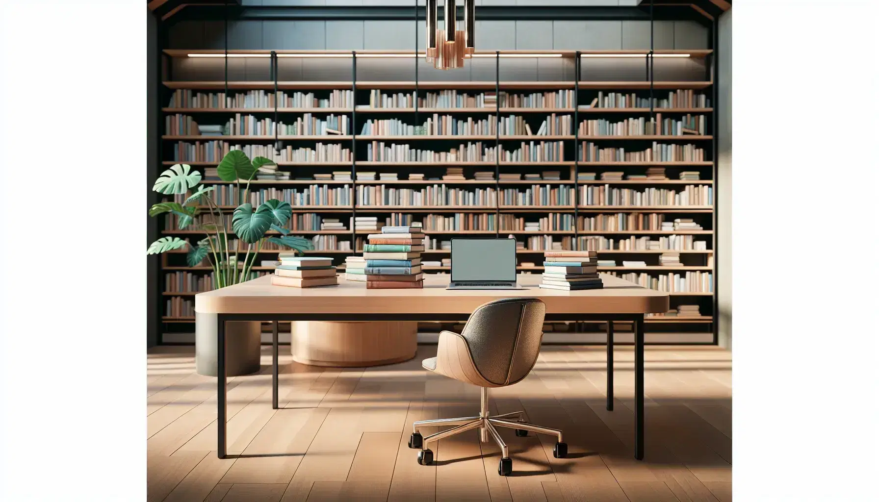 Biblioteca amplia y luminosa con mesa de madera, libros apilados, portátil plateado y silla ergonómica, rodeada de estanterías llenas de libros variados.