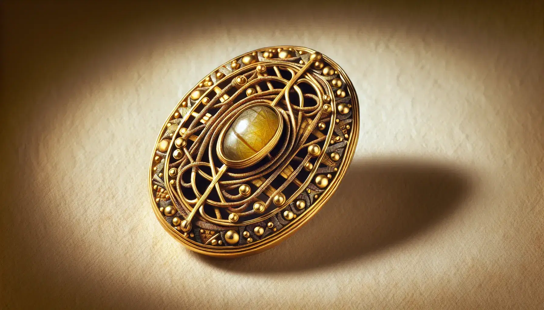 Fibula longobarda in oro con cabochon centrale e decorazioni in filigrana e granulazione su sfondo neutro.