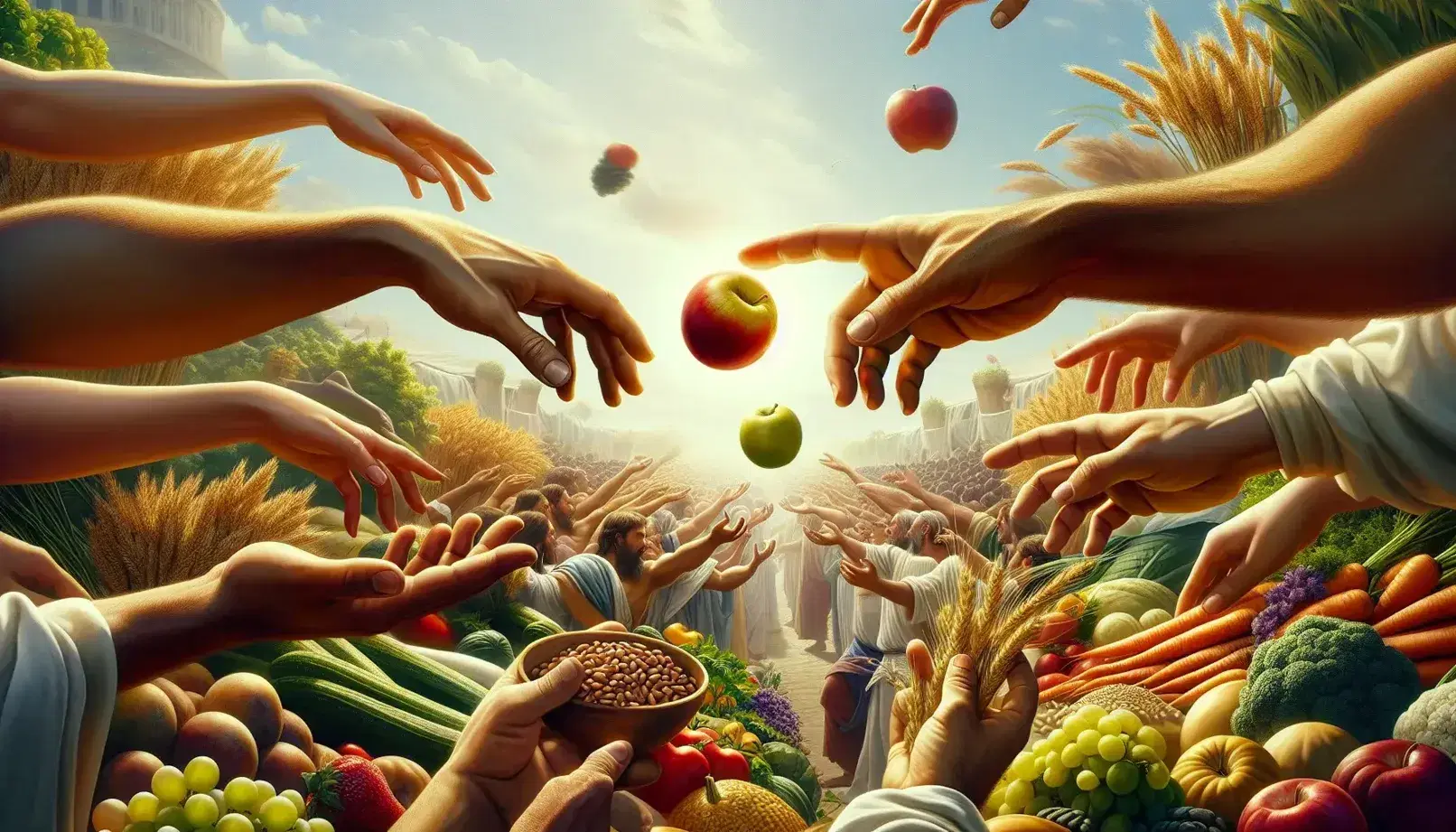 Manos de diversas tonalidades intercambiando productos agrícolas como una manzana, uvas, zanahoria y trigo en un mercado al aire libre.