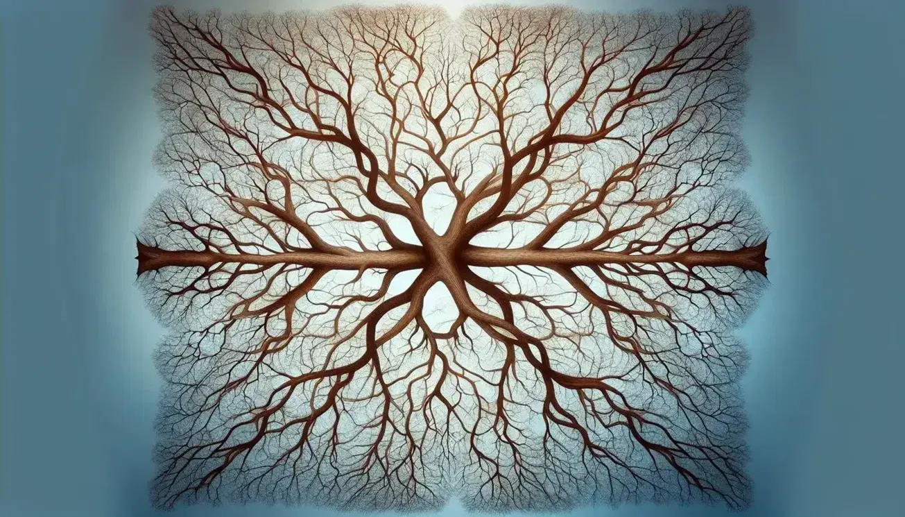 Rama de árbol desnuda bifurcándose intrincadamente contra cielo azul claro, con juego de luz y sombra en su estructura sin hojas.