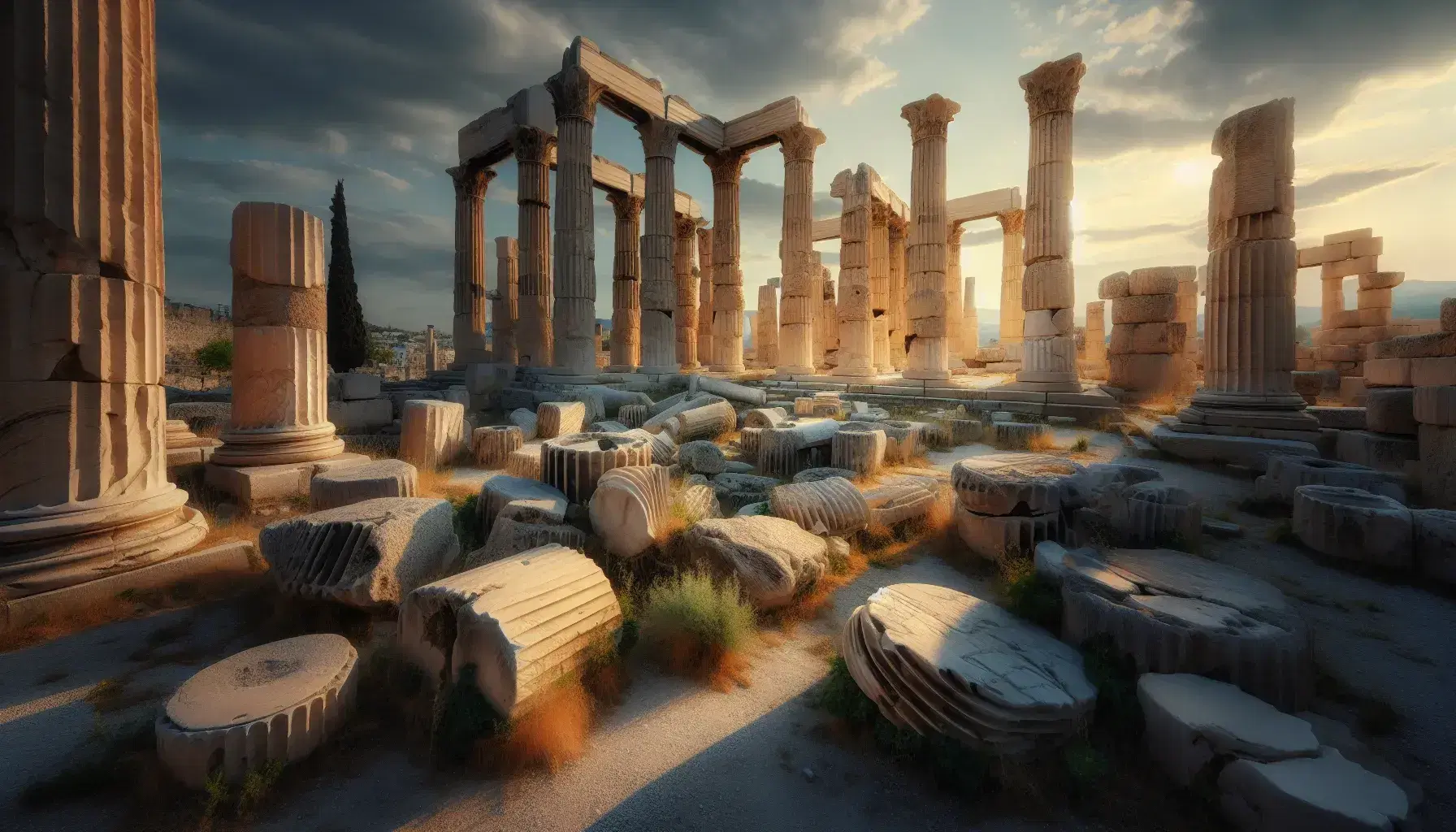 Rovine di un'antica agora greca con colonne erose, alcune in piedi e altre cadute, sotto un cielo azzurro con nuvole sparse.