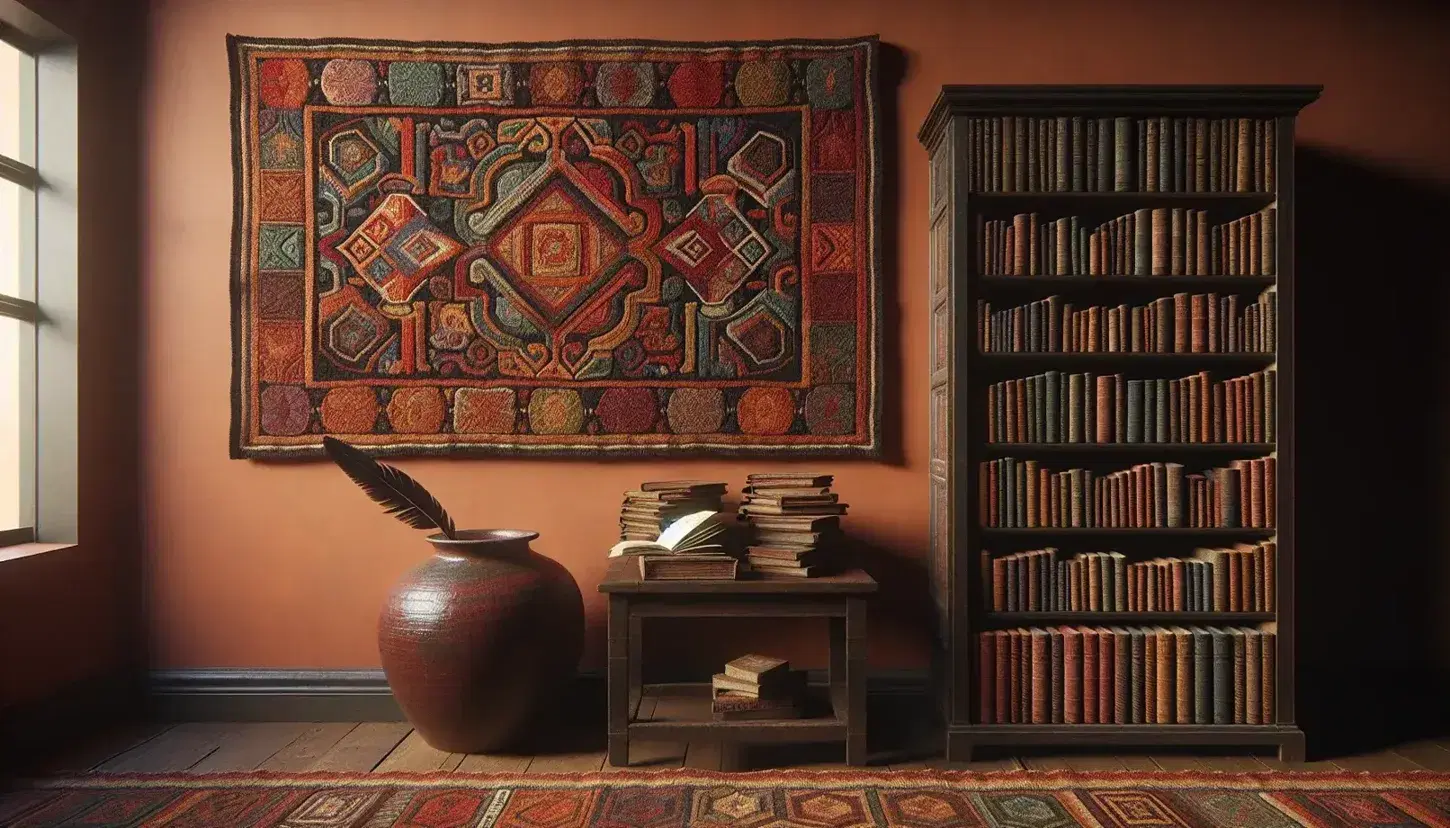 Richly woven tapestry with indigenous and colonial patterns on terracotta wall, beside a dark wooden bookshelf filled with hardcovers, clay pot, inkwell, and quill atop, and a wooden chair in the foreground.
