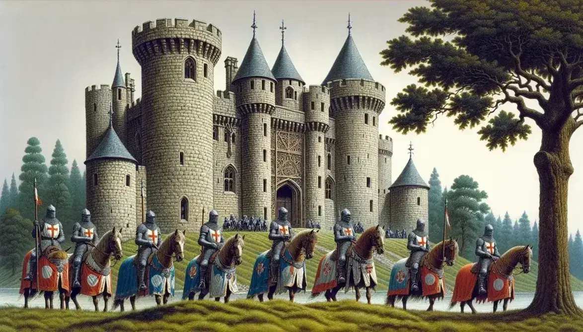 Medieval stone castle on a hill with four knights on horseback in armor, near a large oak tree, under a clear blue sky.