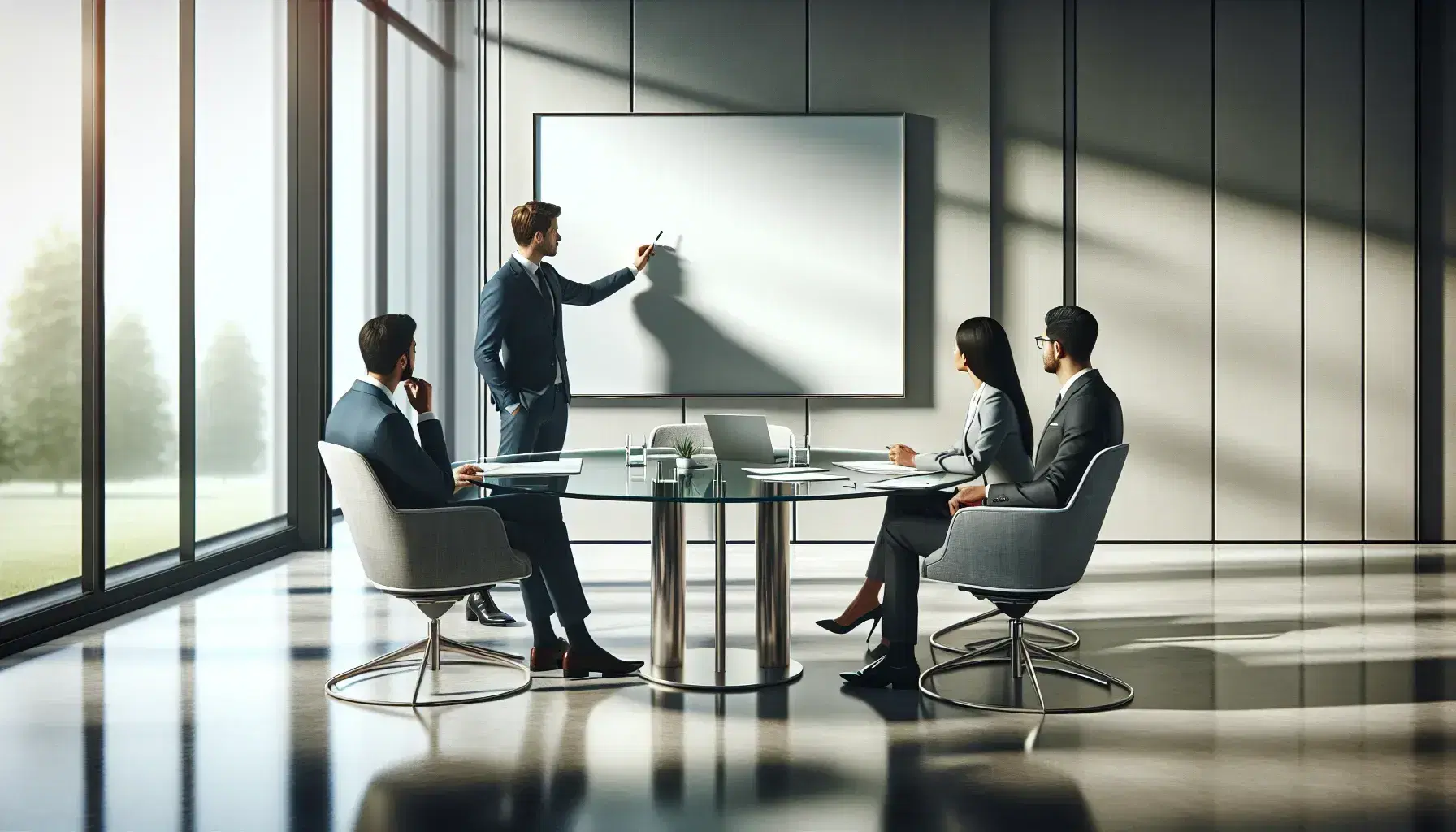 Three professionals collaborate around a glass table in a bright office, with one standing and gesturing to a whiteboard, in a focused work session.