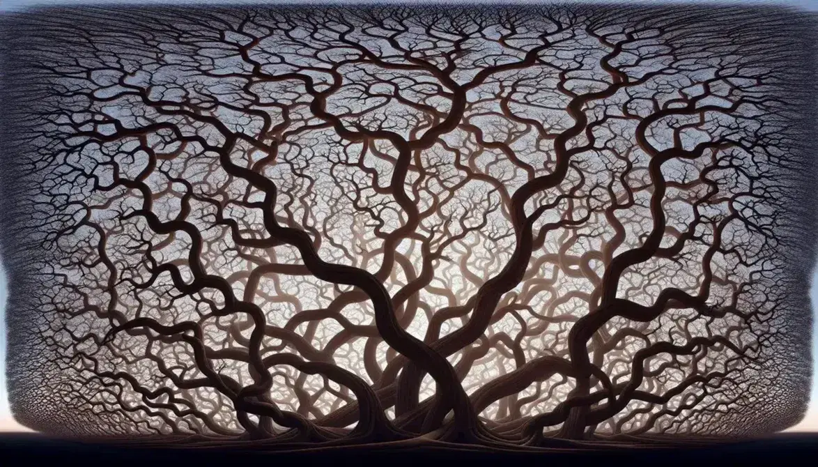 Intricate network of intertwined branches of bare tree against light to pale blue gradient sky, without leaves, in foreground.