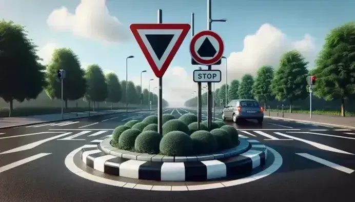 Incrocio stradale non regolamentato con isola di traffico triangolare, segnale di dare precedenza al centro e cartello stop su palo metallico, auto grigia e ciclista in avvicinamento.