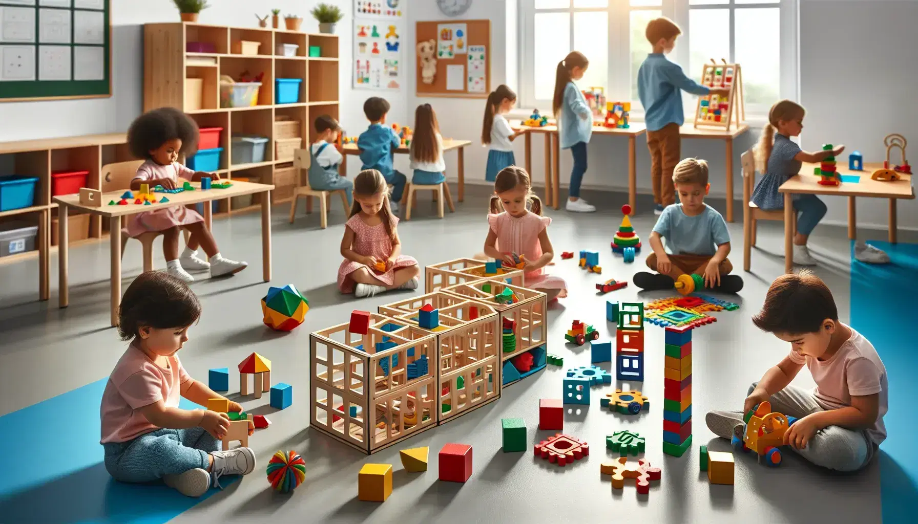 Bambini di diverse età giocano in aula scolastica colorata con giochi educativi, cubi di legno, forme geometriche e kit di costruzione.