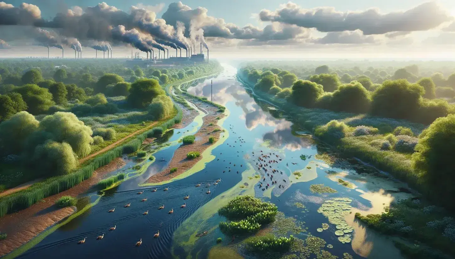 Río serpenteante con patos nadando entre vegetación verde y reflejos del cielo azul, con una fábrica al fondo emitiendo humo y signos de contaminación en el agua.