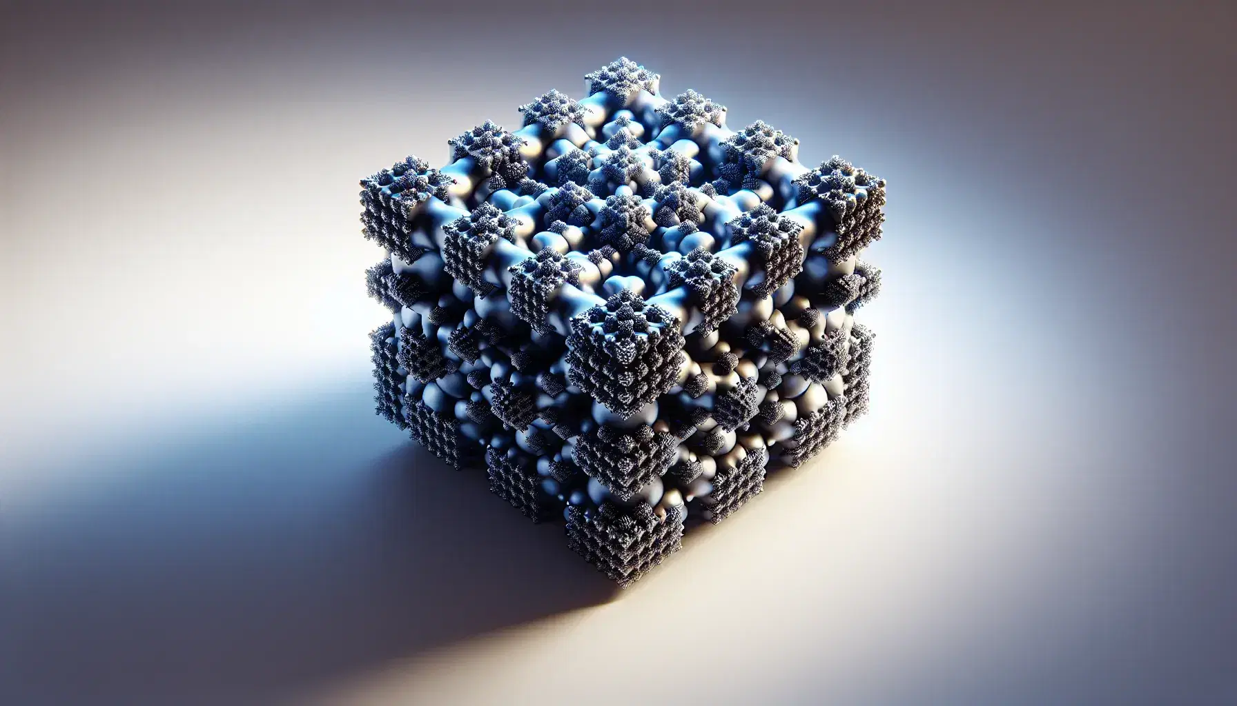 Menger Sponge fractal with metallic texture, transitioning from deep to light blue, illuminated from the upper left on a white background.
