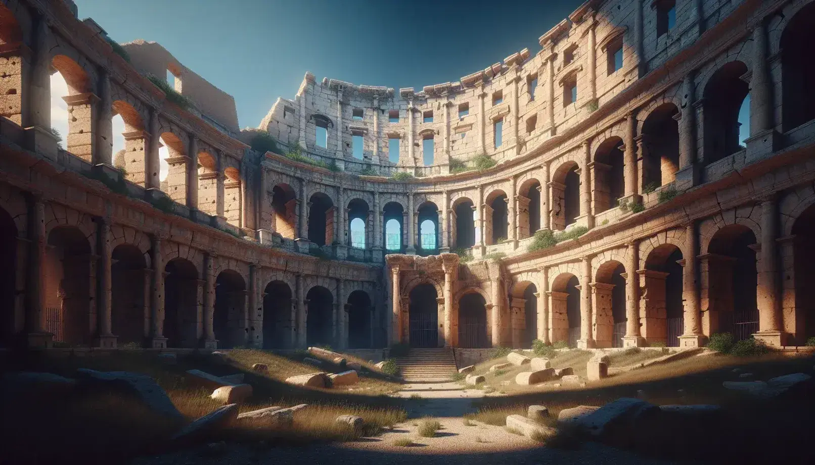 Vista frontal del antiguo Coliseo Romano en ruinas bajo cielo azul, con arcos y columnas de piedra en tonos beige y marrón, rodeado de vegetación.