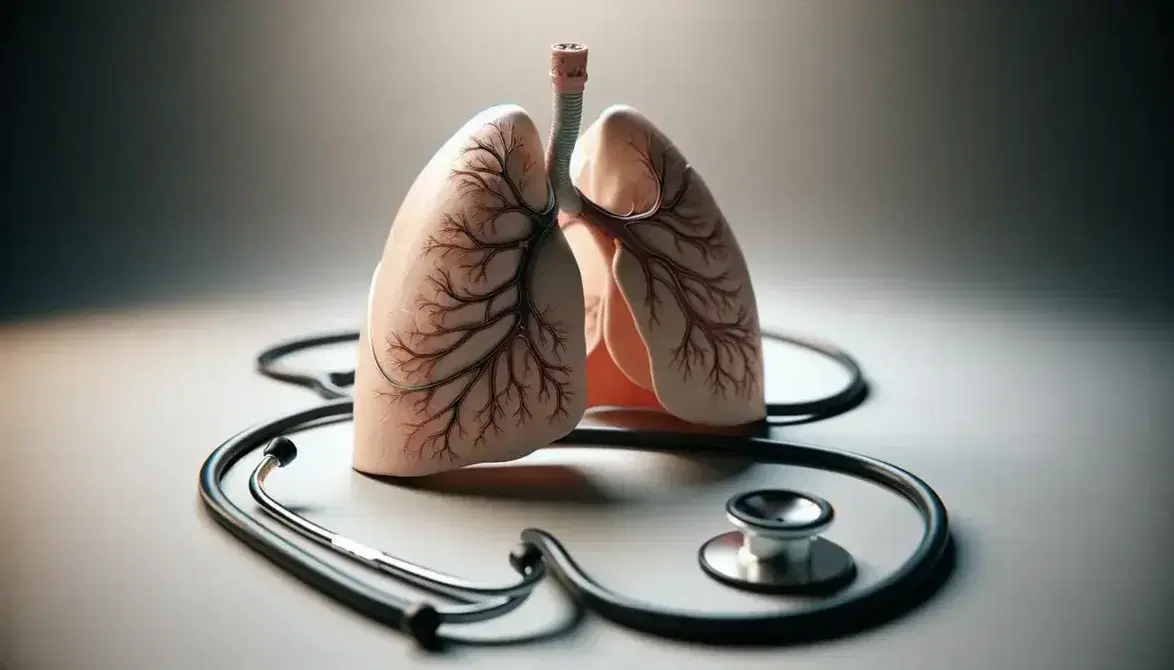 Detailed human lung model showcasing bronchial tree and blood vessels with a stethoscope in the foreground, set against a light grey background.