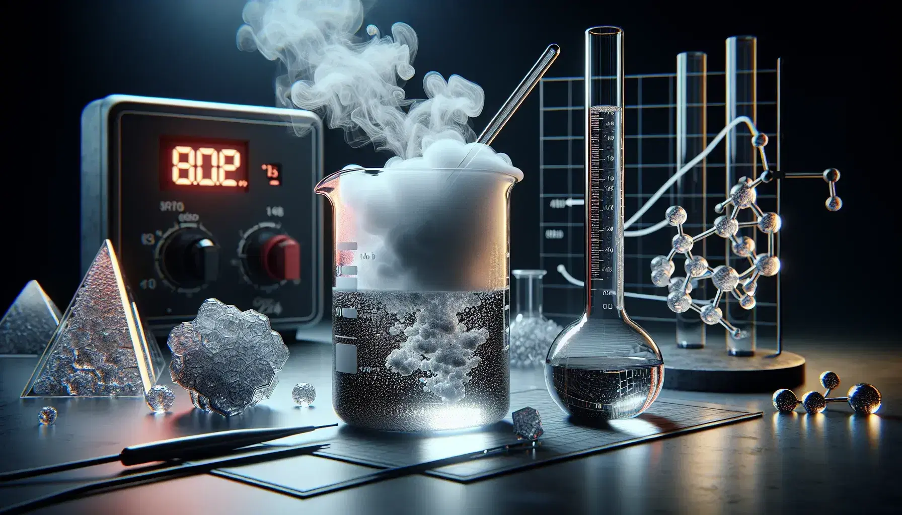 Scena di laboratorio con becher di vetro e liquido in ebollizione, termometro, piastra riscaldante, sostanze cristalline e solido amorfo.