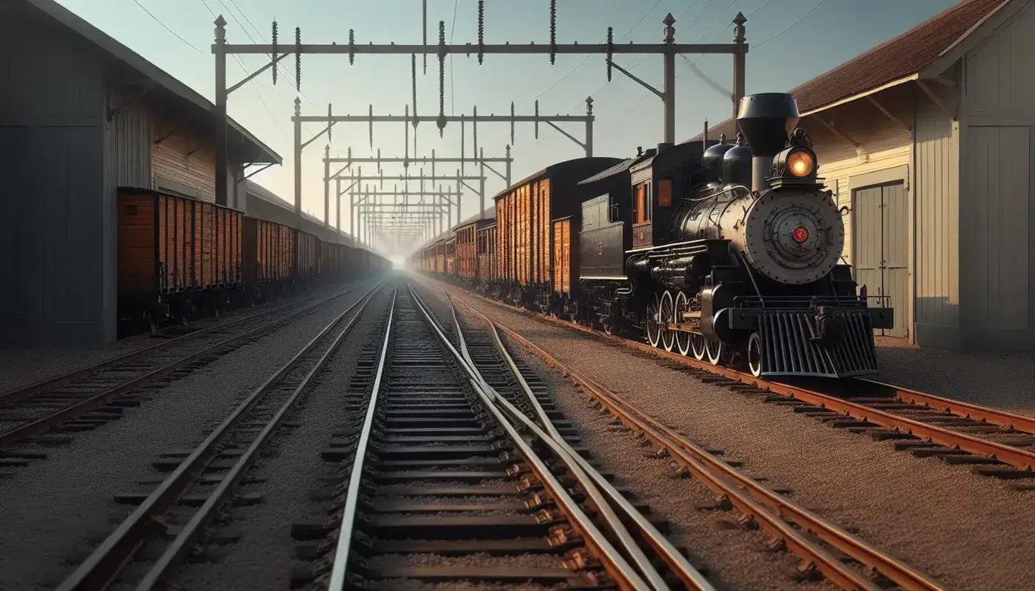Locomotora de vapor del siglo XX en vías férreas con vagones de carga y estación de tren de época al fondo bajo cielo azul despejado.